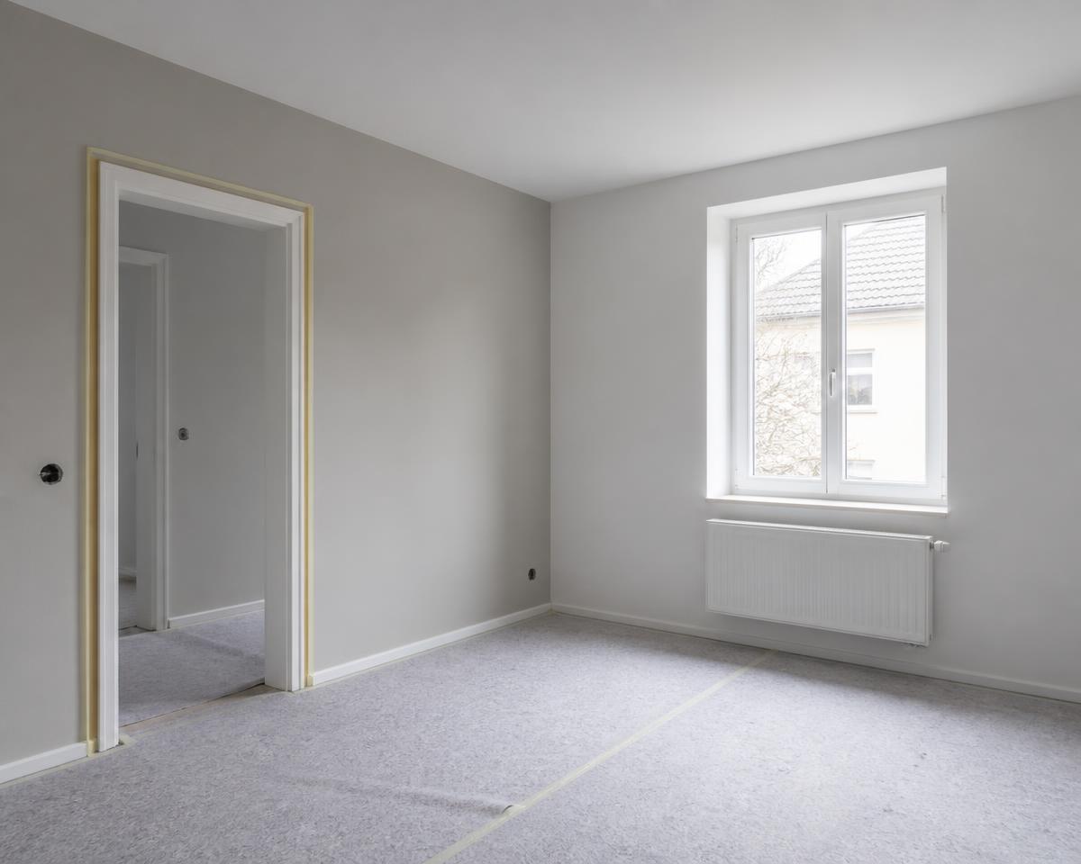 Leerer, frisch gestrichener Wohnraum mit Abdeckvlies und abgeklebter Türzarge
