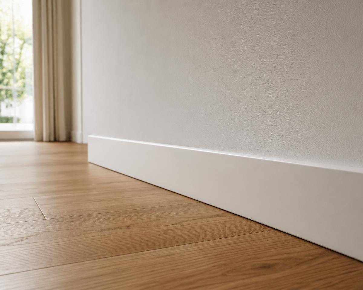 Fachgerecht ausgeführte Sockelleiste mit sauberem Übergang zwischen heller Wand und Eichenparkett