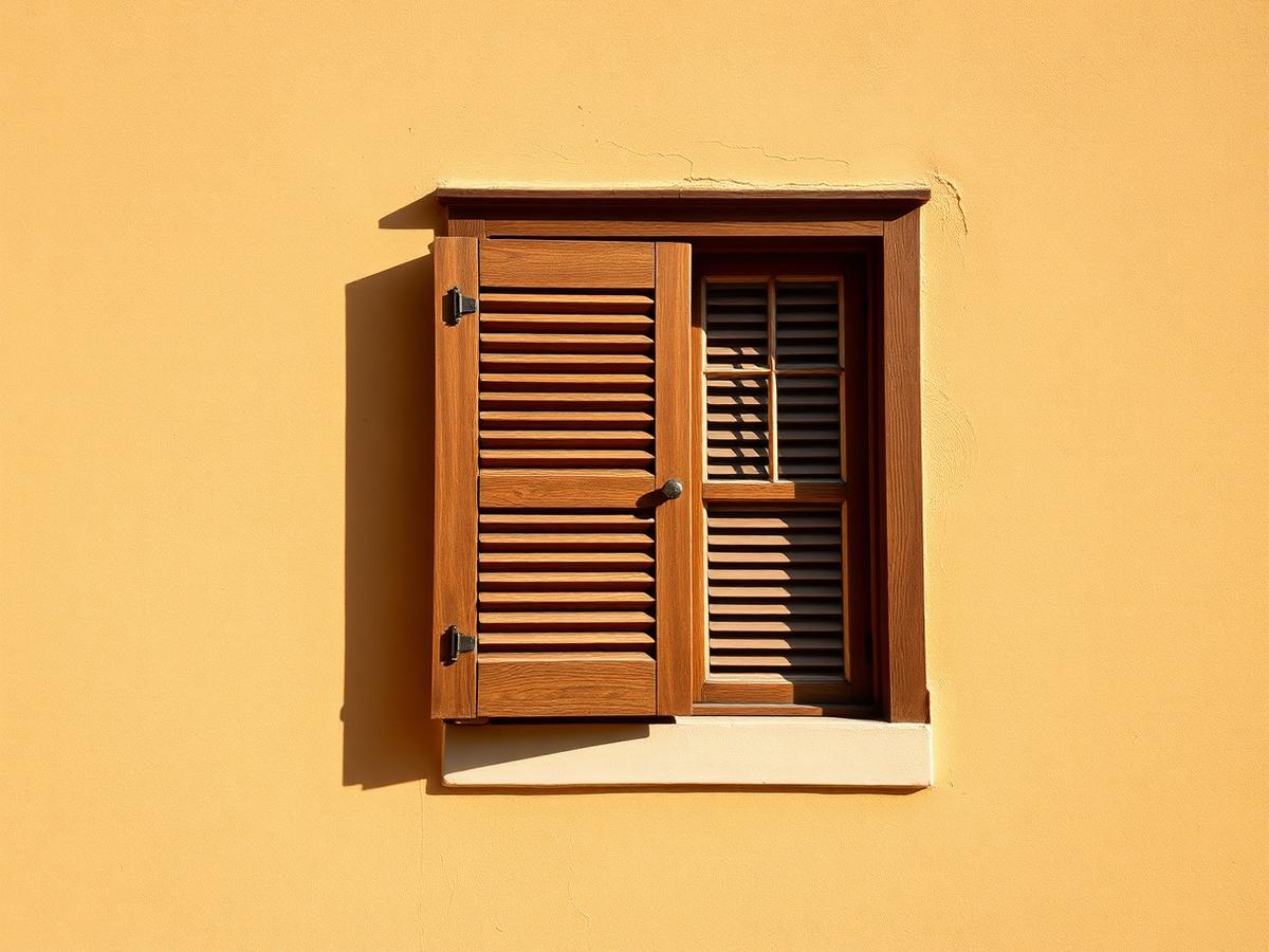 Aufgearbeitetes Holzfenster mit Fensterladen und satinierter Lackoberfläche